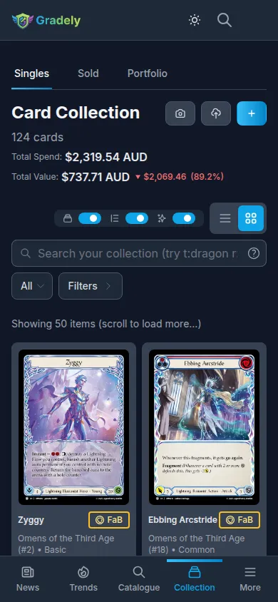 Flesh and Blood collection tracker showing cold foil and rainbow foil copies alongside regular cards