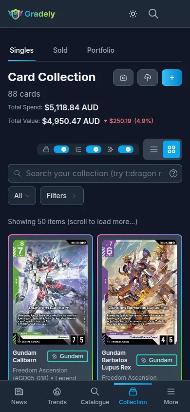 Gundam Card Game collection tracker showing Legendary Rare and parallel cards