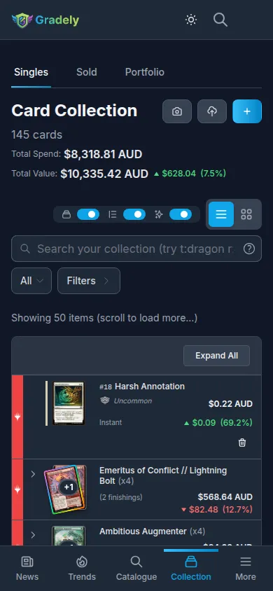 Gradely collection tracker showing cards and sealed products with their current values