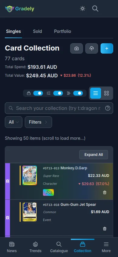 One Piece Card Game collection tracker showing regular and parallel prints of the same cards