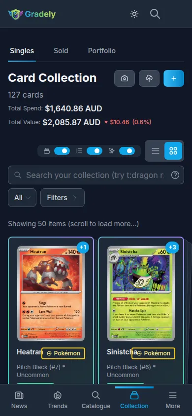 Pokémon card collection tracker showing a binder of cards with reverse holo and graded copies