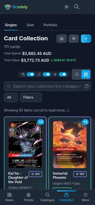 Riftbound collection tracker showing foil, alternate art and overnumbered cards
