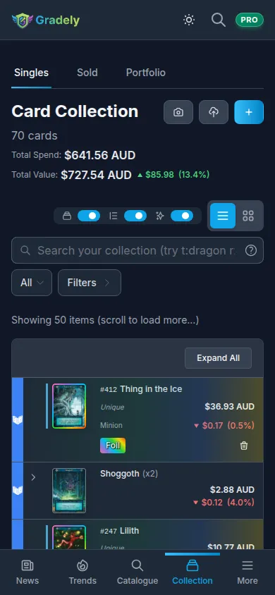 Sorcery: Contested Realm collection tracker showing Alpha, Beta and foil copies of cards