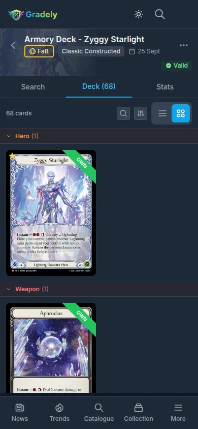 Flesh and Blood deck builder showing a hero, equipment and a deck with its pitch distribution
