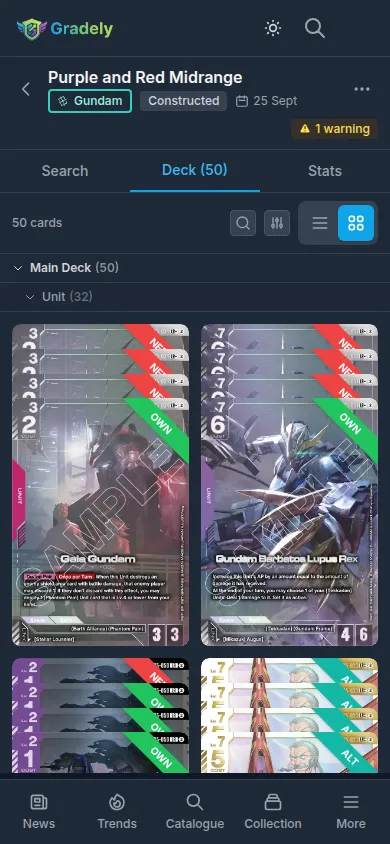 Gundam Card Game deck builder showing a two-colour main deck and resource deck with its level curve