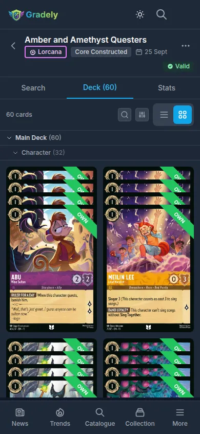 Disney Lorcana deck builder showing a two-ink deck with its ink cost curve