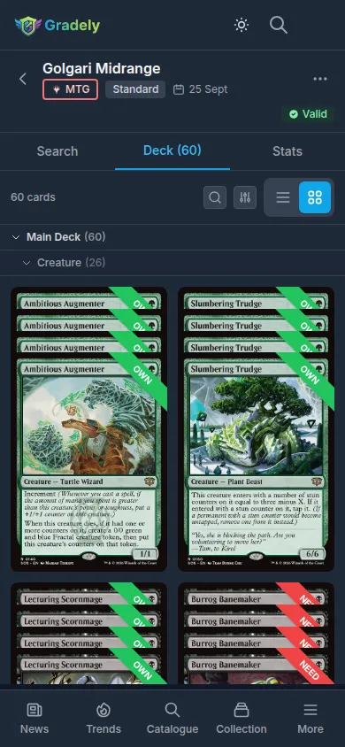 Gradely deck builder with a deck list, format validation and per-game stats panel