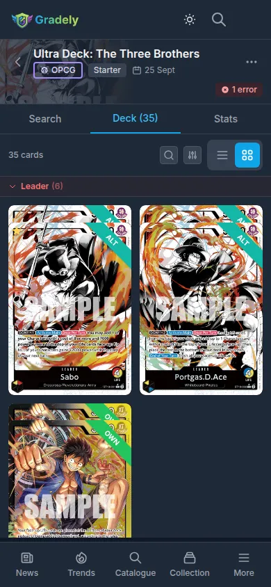 One Piece Card Game deck builder showing a Leader with a 50-card deck and its cost curve