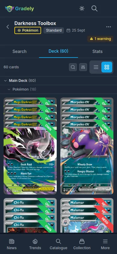 Pokémon TCG deck builder showing a Standard deck with its Pokémon, Trainer and Energy split
