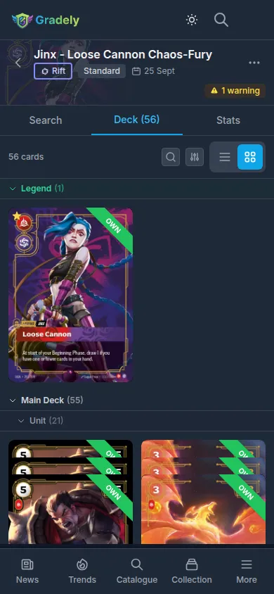 Riftbound deck builder showing a Champion Legend with its main deck, runes and battlefields