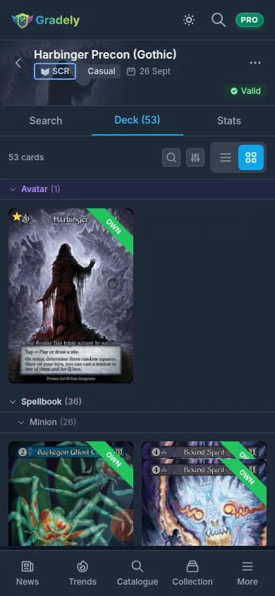 Sorcery: Contested Realm deck builder showing an Avatar with its Atlas and Spellbook