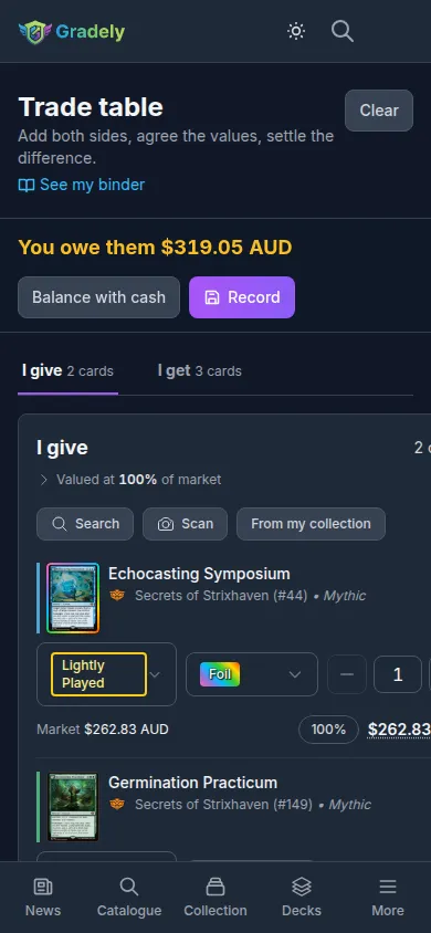 Trade calculator showing the cards each side gives, their market prices and the difference between the two sides